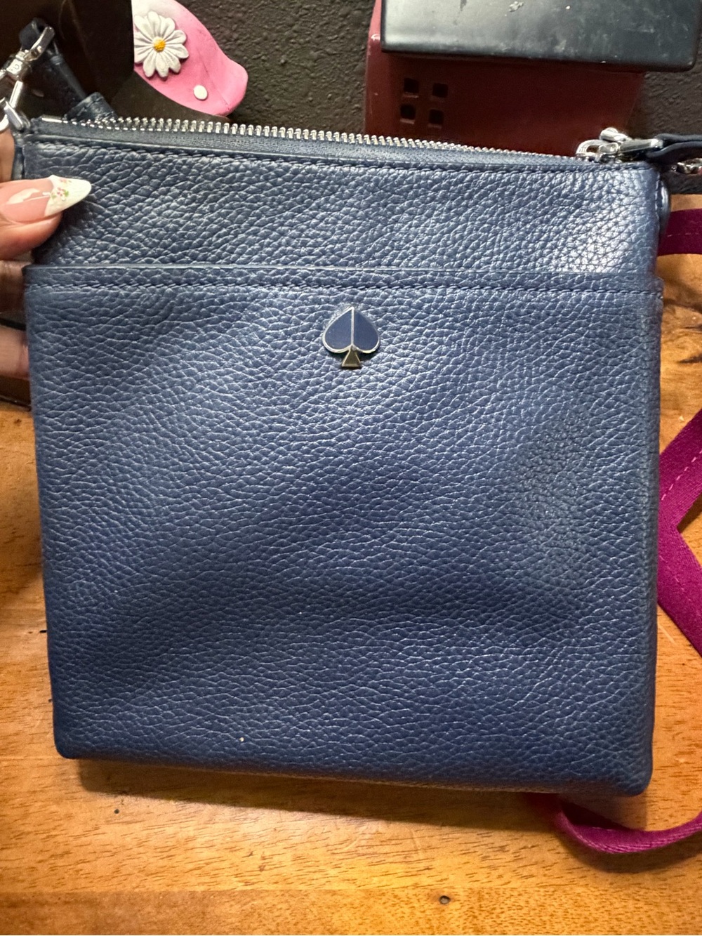 kate spade navy pebbled leather crossbody with gold spade emblem